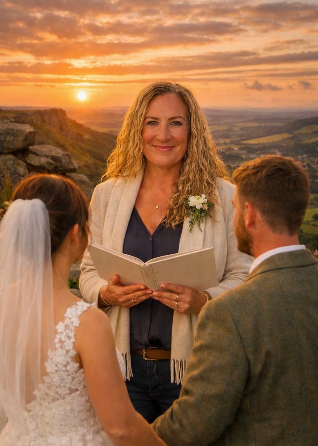 Nikki officiating a wedding ceremony outdoors at sunset